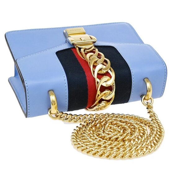 GUCCI Logo Sylvie Chain Mini Shoulder Bag Leather Blue GHW Italy 93RF525 - Picture 16 of 16